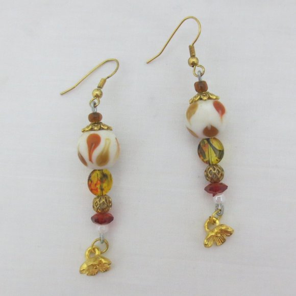 New Earthy Ceramic Goldtone Floral Dangle Earrings - Picture 2 of 6